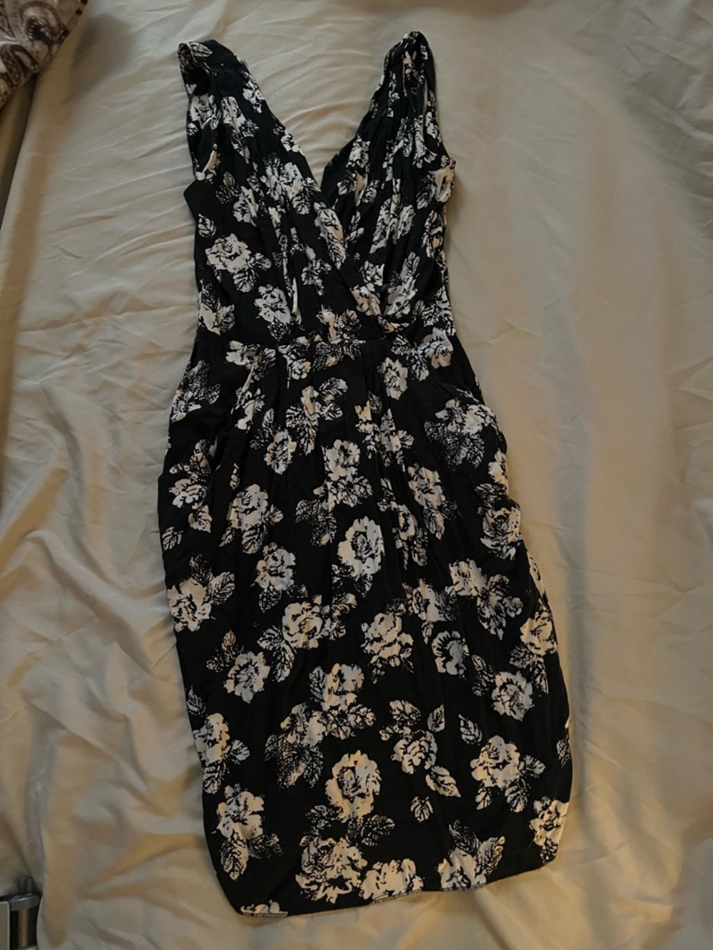 Floral V-Neck Midi Dress in Black & White